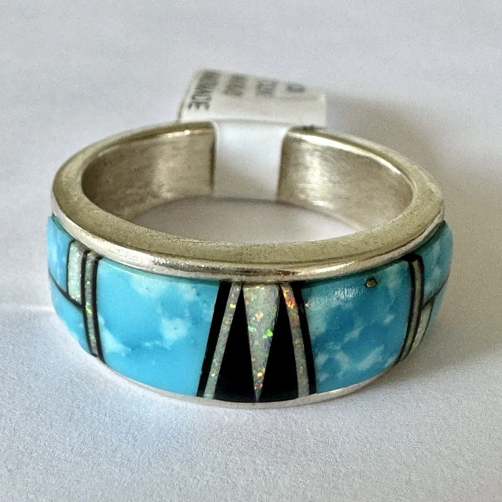 Mens Navajo Wedding Band Sz 10.5 Turquoise Opal Inlay 9mm‎ Ring Unsigned Tolino